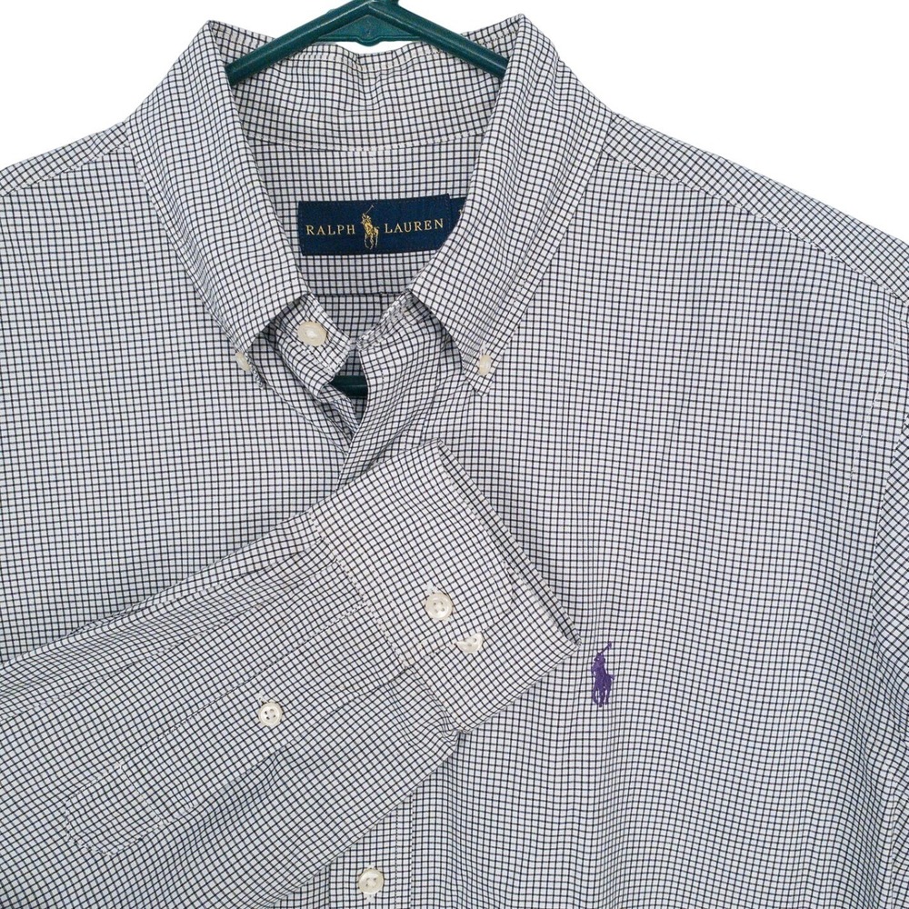 Ralph Lauren Button Down Men's Large 16 34/35 Black White Micro Check Purpl Pony